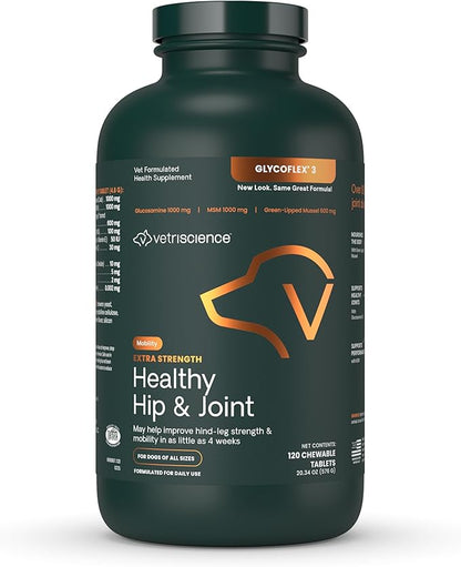 VetriScience Glycoflex 3 Clinically Proven Hip and Joint Supplement for Dogs - Maximum Strength Dog Supplement with Glucosamine, MSM, Green Lipped Mussel &amp; DMG - 120 Chewable Tablets, Chicken Flavor