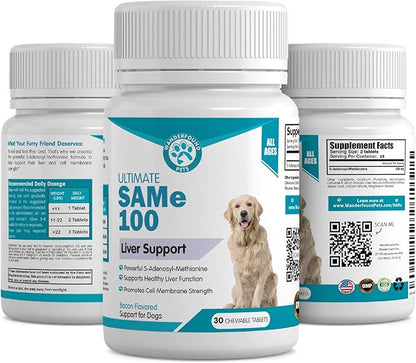 Wanderfound Pets Same 100 Liver Support for Dogs - Same S-Adenosyl-L-Methionine Hepatic Supplement for Liver &amp; Brain Support - Bacon Flavored Sam E, Manufactured in The USA - 30 Chewable Tablets
