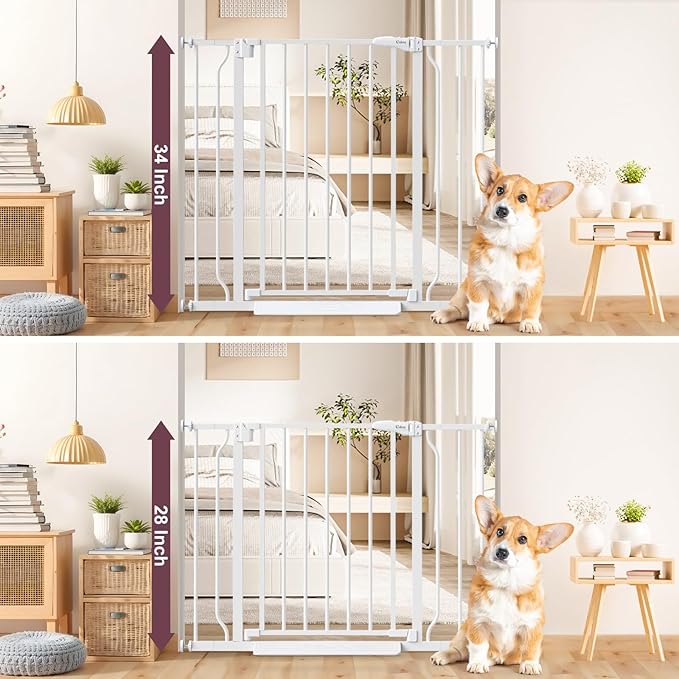 34" Extra Tall Baby Gate for Stairs, Auto Close Stroller Friendly Dog Gate Indoor for Doorways, Pressure Mounted 29"-40" W Baby Gate, Easy Walk Through Gate for Children &amp; Pets, White