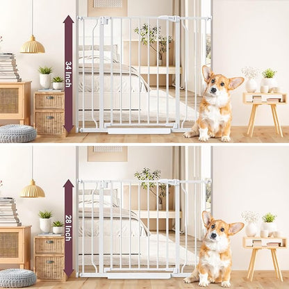 34" Extra Tall Baby Gate for Stairs, Auto Close Stroller Friendly Dog Gate Indoor for Doorways, Pressure Mounted 29"-40" W Baby Gate, Easy Walk Through Gate for Children &amp; Pets, White
