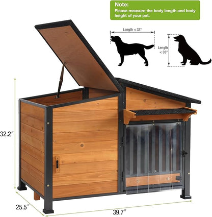 Heated Dog House Outdoor with Bowls Weatherproof Dog Kennel with Heating Pad Anti-Chewing Iron Frame Dog Shelter for Small Medium Dogs(Wooden Brown)