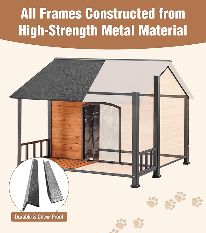 Gutinneen Large Dog House Outdoor with Strength Metal Frame, Outside Dog House with Waterproof Roof, PVC Curtain, Fir Wood Patio, Design for Small &amp; Medium &amp; Large Dogs