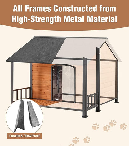 Gutinneen Large Dog House Outdoor with Strength Metal Frame, Outside Dog House with Waterproof Roof, PVC Curtain, Fir Wood Patio, Design for Small &amp; Medium &amp; Large Dogs