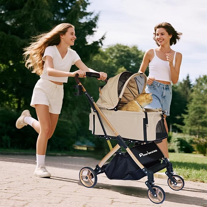 Pet Stroller for Small &amp; Medium Dogs Cats up to 55 lbs 4-in-1 Foldable Travel Pet Stroller with Detachable Carrier Lightweight All-Terrain Spring Damping,Car Seat,Sun Canopy,Khaki
