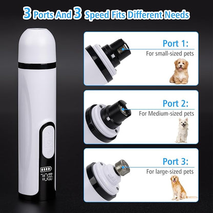 Pet Nail Grinder for Dogs and Cats - Super Quiet and Low Vibration Electric Dog Nail Grinder with 2 LED Lights - USB Rechargeable and Cordless - 3 Speeds - Small to Large Pets (White)