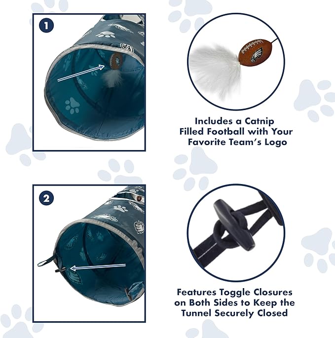NFL Philadelphia Eagles Cat Tunnel Tube Toy with Plush Football Catnip and Feathers Collapsible Tunnel for Cats to Play, Peek and Hide, Sporty &amp; Fun Cat Tunnel Toy with Team Logo All-Over Design!