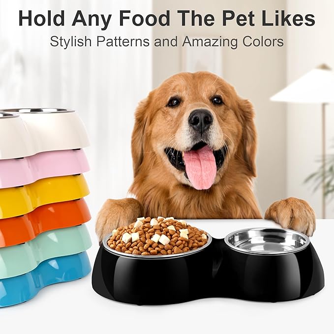 Double Dog Bowls Set – Non-Slip Pet Food &amp; Water Dishes with Resin Stand, Includes Small (1 Cup) &amp; Medium (2 Cups) Bowls – Ideal for Puppies, Cats, and Medium Dogs –Black