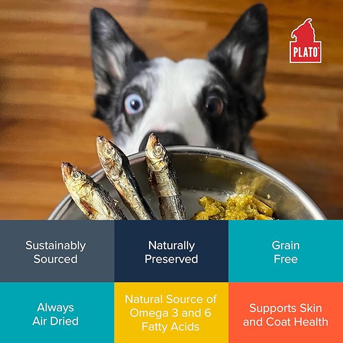 PLATO Pet Treats Fish Dog Treats - Air-Dried, Single Ingredient Dog Treat - with Omega 3 &amp; 6 Fatty Acids to Support Skin and Coat - 100% Whole Fish - Wild Caught Baltic Sprat Dog Treats - 7.5 oz