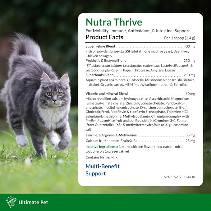 Ultimate Pet Nutrition Nutra Thrive™ Cat Supplement, Vet-Developed Powder for Mobility, Immune Support, Antioxidants &amp; Digestion with Probiotics, Collagen, &amp; Superfoods, 30 Servings