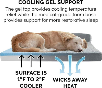 Furhaven Cooling Gel Dog Bed for Large Dogs w/ Removable Bolsters &amp; Washable Cover, For Dogs Up to 125 lbs - Two-Tone Plush Faux Fur &amp; Suede L Shaped Chaise - Stone Gray, Jumbo Plus/XXL