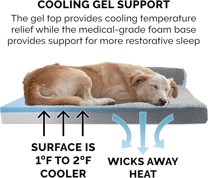 Furhaven Cooling Gel Dog Bed for Large/Medium Dogs w/ Removable Bolsters &amp; Washable Cover, For Dogs Up to 55 lbs - Two-Tone Plush Faux Fur &amp; Suede L Shaped Chaise - Stone Gray, Large
