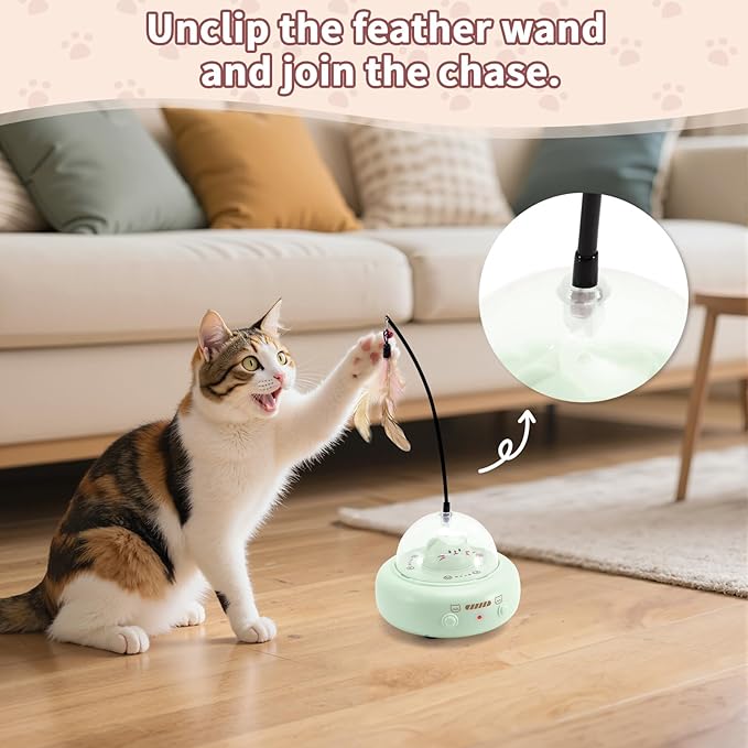 Automatic Cat Toys with Feathers, Interactive Cat Toy for Indoor Exercise, Rechargeable Teasing Toys for Indoor Cats, USB Powered, Smart Standby&amp;Obstacle Avoidance(Green)