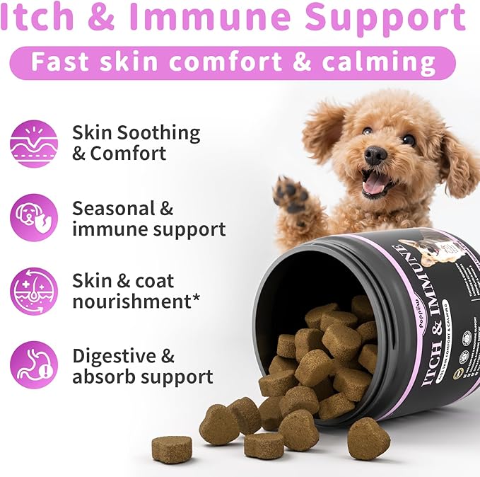 Itch Relief for Dogs - Turmeric Supplements for Itching Skin Comfort &amp; Coat Health &amp; Seasonal Allergy Care, Immune Support Supplement with Omega-3 Fish Oil, Biotin - Chicken Flavor - 90 Count