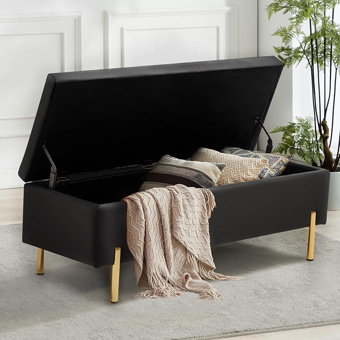 45.6 Inch Velvet Storage Ottoman, Rectangular Accent Bench for Bedroom &amp; Living Room, Black