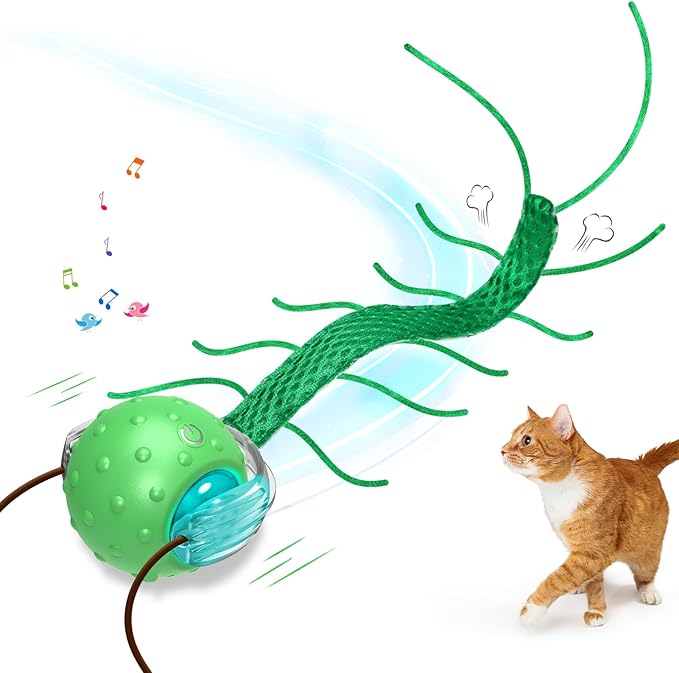 Interactive Cat Toys for Indoor Cats, Moving Cat Ball with Tail, Fast Rolling on Carpet, Chirping &amp; Motion Activate Toy for Bored Indoor Adult Cats