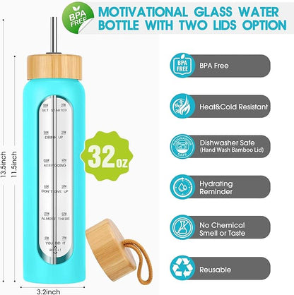 32 oz Glass Water Bottle with Straw - Motivational Time Marker &amp; Silicone Sleeve - Reusable Tumbler Includes 2 Bamboo Lids &amp; Fruit Infuser - 1 Pack