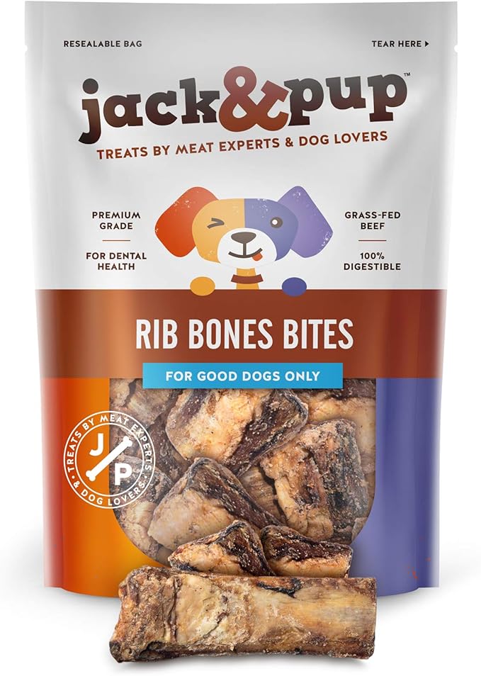 Jack&amp;Pup Rib Bones for Dogs, All Natural Beef Bones for Dogs, Single Ingredient Bone Marrow, Dog Rib Bone Bites (24 Oz Bag)
