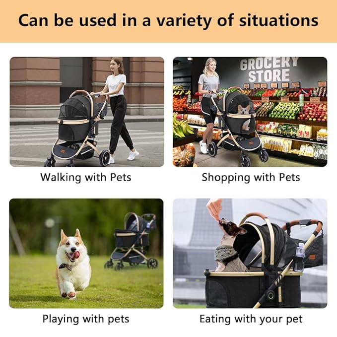 Pettingzoo Dog stroller with 4 Wheels, Folding Cat Stroller for Small/Medium/Large dogs &amp; cats to 60 lbs, pet stroller with removable carrier, Storage Basket,Cup Holder,3 in1 Multifunctiona Detachable