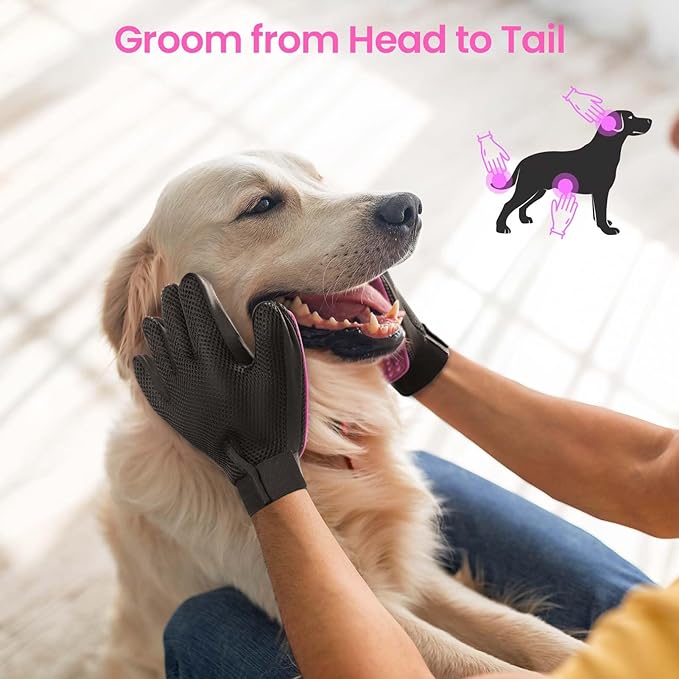 DELOMO Pet Grooming Gloves, Upgrade Version with Enhanced 255 Silicone Grooming Tips, Hair Remover Mittens for Dogs &amp; Cats, Bath Brush, 1 Pair (Pink)