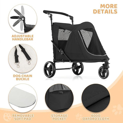 Magshion Pet Stroller for Medium Dogs w/Adjustable Handle, 3-Wheel Dog Cat Wagon w/Dual Entry, Rear Storage, Breathable Mesh, One-Foot Brake, Ideal for Large Pets up to 55 lbs, Black
