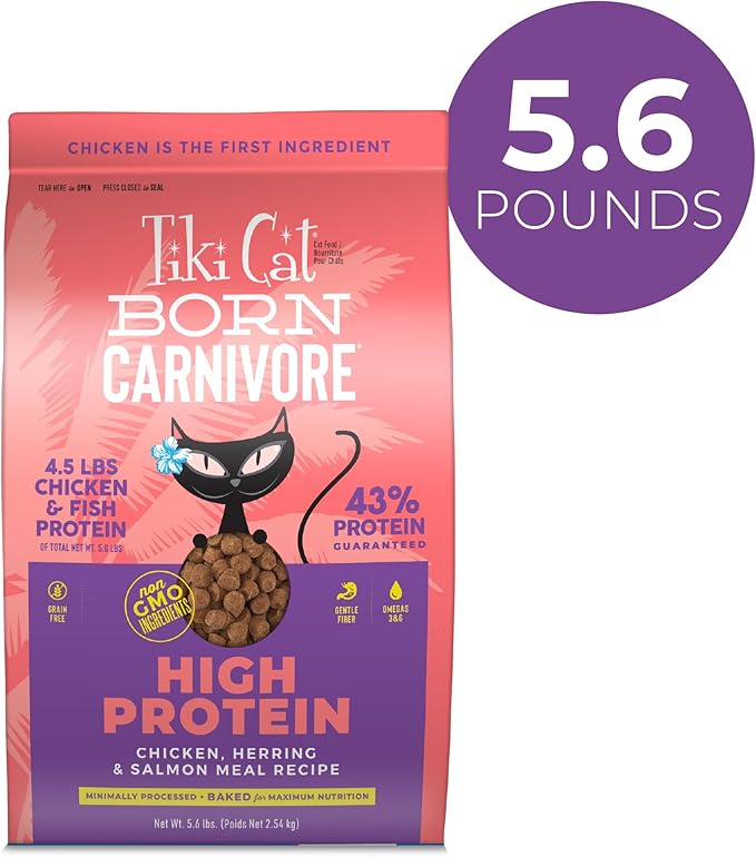 Tiki Cat Born Carnivore High Protein, Chicken, Herring &amp; Salmon Meal, Grain-Free Baked Kibble to Maximize Nutrients, Dry Cat Food, 5.6 lbs. Bag