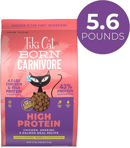 Tiki Cat Born Carnivore High Protein, Chicken, Herring &amp; Salmon Meal, Grain-Free Baked Kibble to Maximize Nutrients, Dry Cat Food, 5.6 lbs. Bag