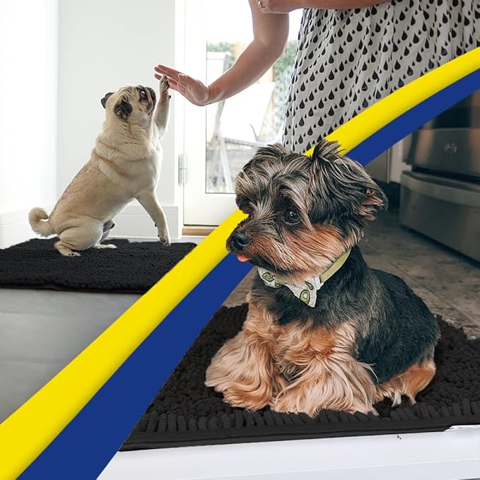 Muddy Mat® Pack of 3 Highly Absorbent Microfiber Dog Door Mat and Pet Rug, Non Slip Thick Washable Area Mat Soft Chenille for Kitchen Bathroom Bedroom and Outdoor - Black Small, Medium &amp; Large