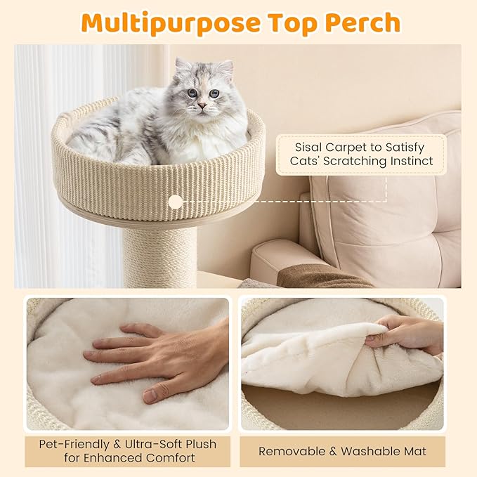 Tangkula Wood Cat Tree, 47 Inch Multi-Layer Cat Tower with 5.7” Thicker Sisal Covered Scratching Posts &amp; Carpet, Padded Top Perch, 2 Jumping Platforms, Hammock, Modern Cat Tree Tower for Indoor Cats