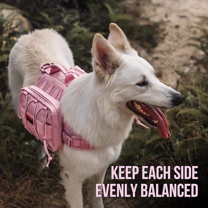 ONETIGRIS Dog Backpack for Medium &amp; Large Dogs, Mammoth Nylon Dog Pack Tactical Backpack Harness with Side Pockets for Hiking Walking Training Running (Pink, Large)