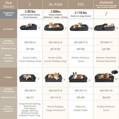 EHEYCIGA Foldable L Dog Bed, Faux Fur Fluffy Dog Couch Bed, Orthopedic Calming Memory Foam L Pet Bed for Large Dogs, Washable Soft Warm Pet Sofa Bed with Non-Slip Bottom, Dark Grey, 40"x30"x6"