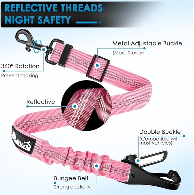 Lukovee Dog Seatbelt Leash for Cars, 2 Pack Pet Safety Seat Belt with Adjustable Buckle &amp; Reflective Bungee, Connect Dog Harness in Vehicle Dogs Restraint Travel Daily Use (Pink)