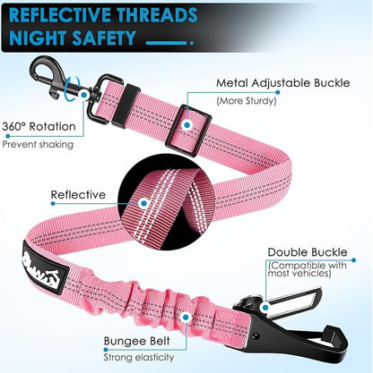 Lukovee Dog Seatbelt Leash for Cars, 2 Pack Pet Safety Seat Belt with Adjustable Buckle &amp; Reflective Bungee, Connect Dog Harness in Vehicle Dogs Restraint Travel Daily Use (Pink)