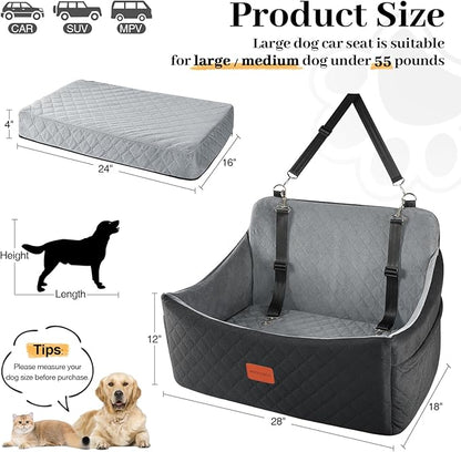 Dog Car Seat for Medium &amp; Large Dogs Up to 55lbs, Memory Foam Cushion, Washable Cover, Safety Straps &amp; Non-Slip Base(Black/Grey,Large)