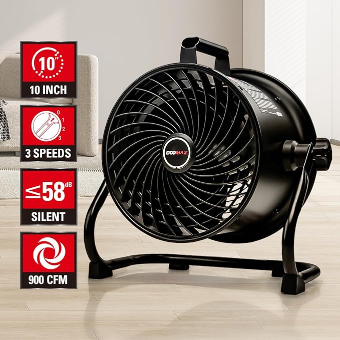 10-Inch High-Velocity Drum Air Circulator Fan, Heavy-Duty Shop Fan with 3-Speed &amp; 360° Tilting Floor Fan for Warehouse, Industrial, Workshop