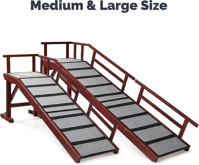 Dog Ramp for Bed or Couch, Wooden Pet Ramp with 20° Gentle Slope, Removable Side Rails, Non-Slip Surface, Top Platform &amp; Wheels, Safe Bed Ramp for Small, Medium &amp; Senior Dogs, 74" Long, Mahogany