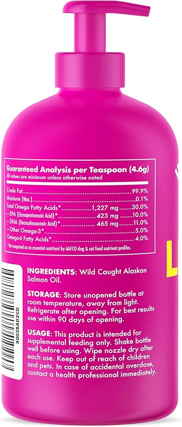 Wild Alaskan Salmon Oil for Dogs &amp; Cats - Pure Fish Omega 3 6 9 Liquid EPA DHA Fatty Acids - Skin &amp; Coat Supplement - Supports Joint Function, Brain, Eye, Immune &amp; Heart Health - Made in USA 32 oz