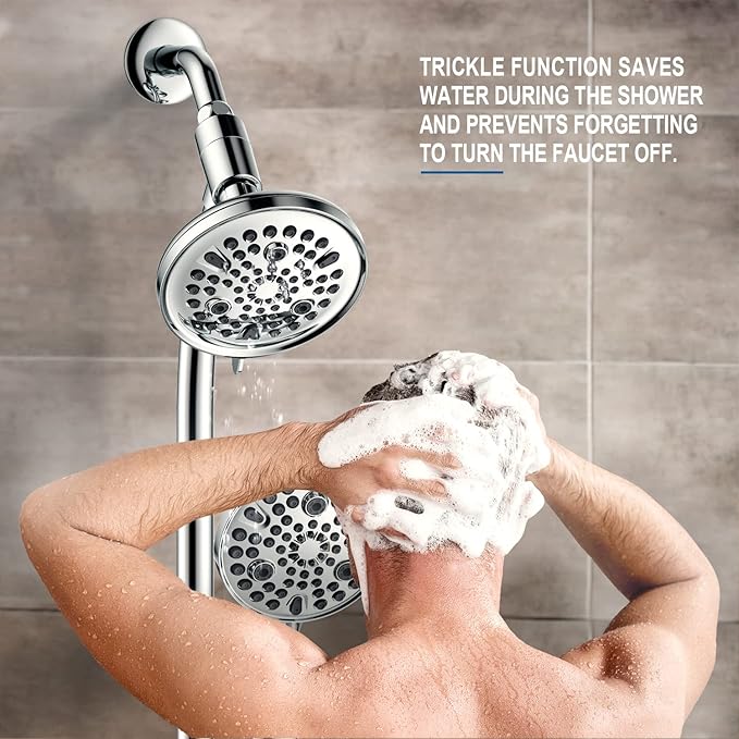 High Pressure Handheld/Rain 82-mode 3-way Shower Head Combo with 25.75" Adjustable Drill-free Stainless Steel Slide Bar, Pet &amp; Tub Power Wash and Anti-clog Nozzles, with 5ft Hose - Polished Chrome