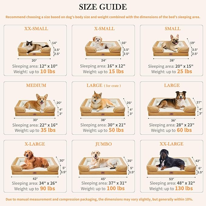 Comfort Expression Small Dog Beds Waterproof Orthopedic Foam Dog Sofa Beds for Medium Dogs Comfy Pet Bed with Washable Removable Cover &amp; Non-Slip Bottom(Small,Khaki)