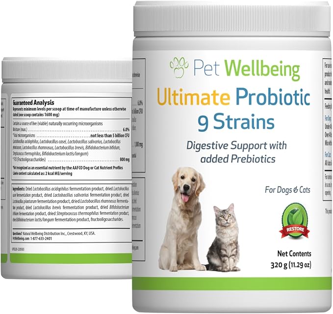 Pet Wellbeing Ultimate Probiotic 9 Strains for Dogs &amp; Cats - Supports The Gut Microbiome and Digestion, Immune System Care, Urinary Tract Health, FOS, 2.5 Billion CFU - 11.29 oz (320 g) Powder