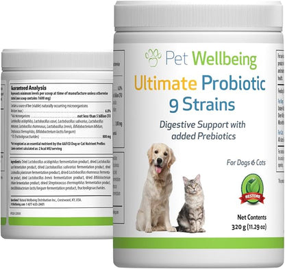 Pet Wellbeing Ultimate Probiotic 9 Strains for Dogs &amp; Cats - Supports The Gut Microbiome and Digestion, Immune System Care, Urinary Tract Health, FOS, 2.5 Billion CFU - 11.29 oz (320 g) Powder