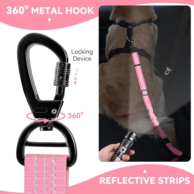 Pawaboo Dog Seatbelt for Car, 3-in-1 Dog Seat Belt Bungee, Shockproof Dogs Tether for Car with Buckle &amp; Hook Latch, Adjustable Reflective Dogs Cars Harness Leash with 360° Lockable Buckle, Pink