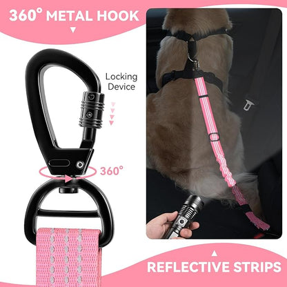 Pawaboo Dog Seatbelt for Car, 3-in-1 Dog Seat Belt Bungee, Shockproof Dogs Tether for Car with Buckle &amp; Hook Latch, Adjustable Reflective Dogs Cars Harness Leash with 360° Lockable Buckle, Pink
