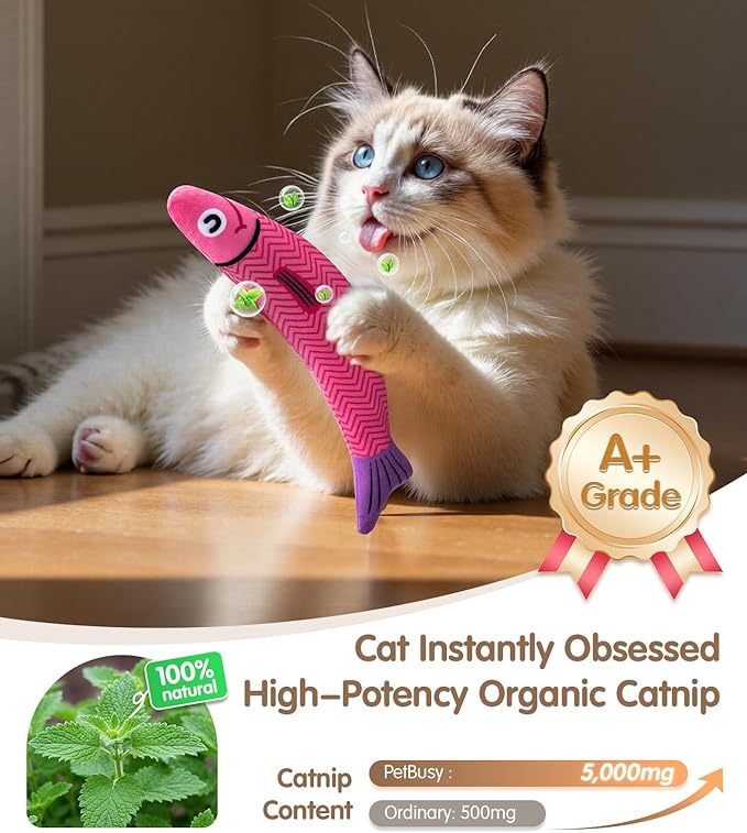 Interactive Cat Toys with[5000mg Premium A+Catnip][Baby Grade] Soft Chew Kicker Cat Toys for Indoor Cats &amp; Kittens, Crinkle &amp;Rattle Fish Sound Toy, Drives Bored Cats Crazy with Fun,3 Pack
