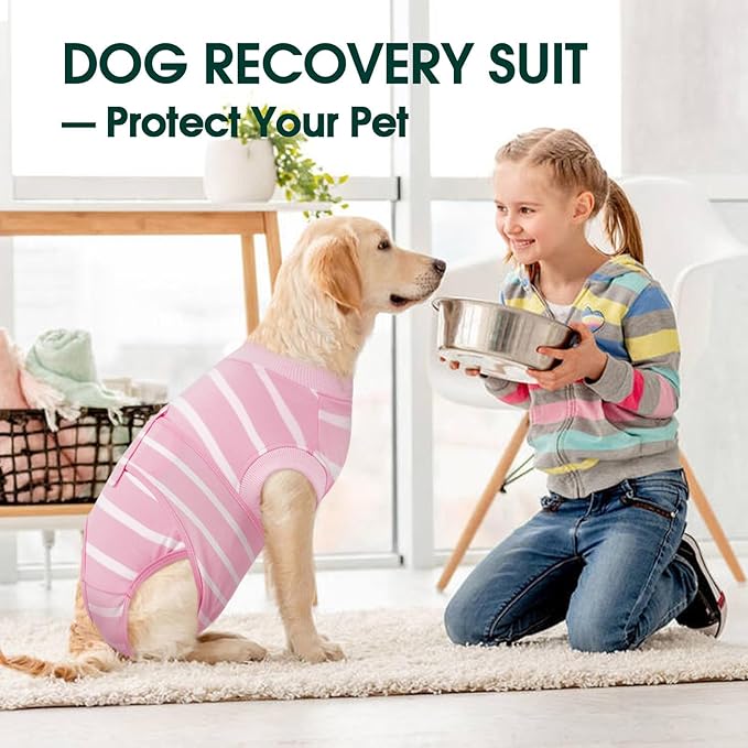 Kuoser Recovery Suit for Dogs After Surgery, Soft Dog Surgery Suit Female Anti Licking Dog Onesie E-Collar &amp; Cone Alternative, Breathable Pet Surgical Recovery Shirt, Pink Strips L