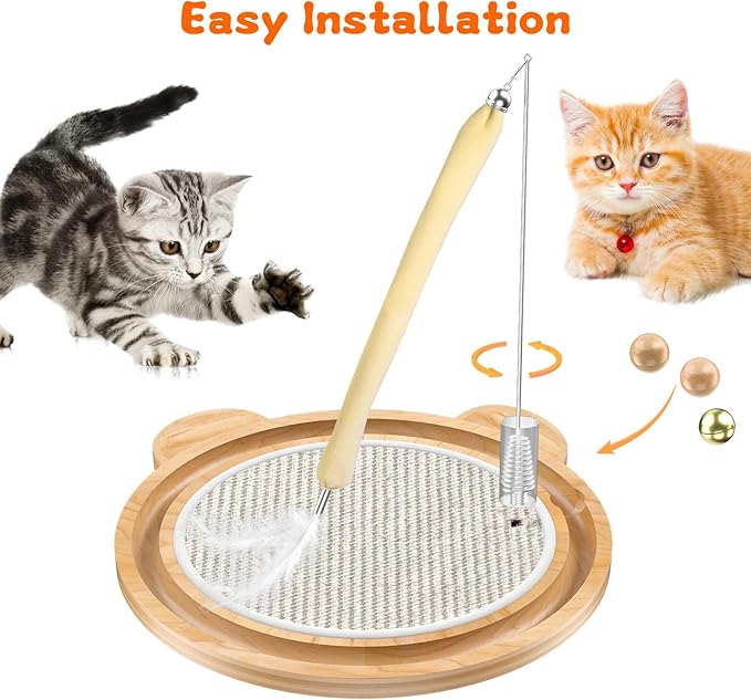 3-in-1 Cat Toys, Scratcher, Toys for Indoor Cats, Natural Sisal Scratching Board, Kitten Interactive with Ball Track &amp; Retractable Wand Toy &amp; Feather