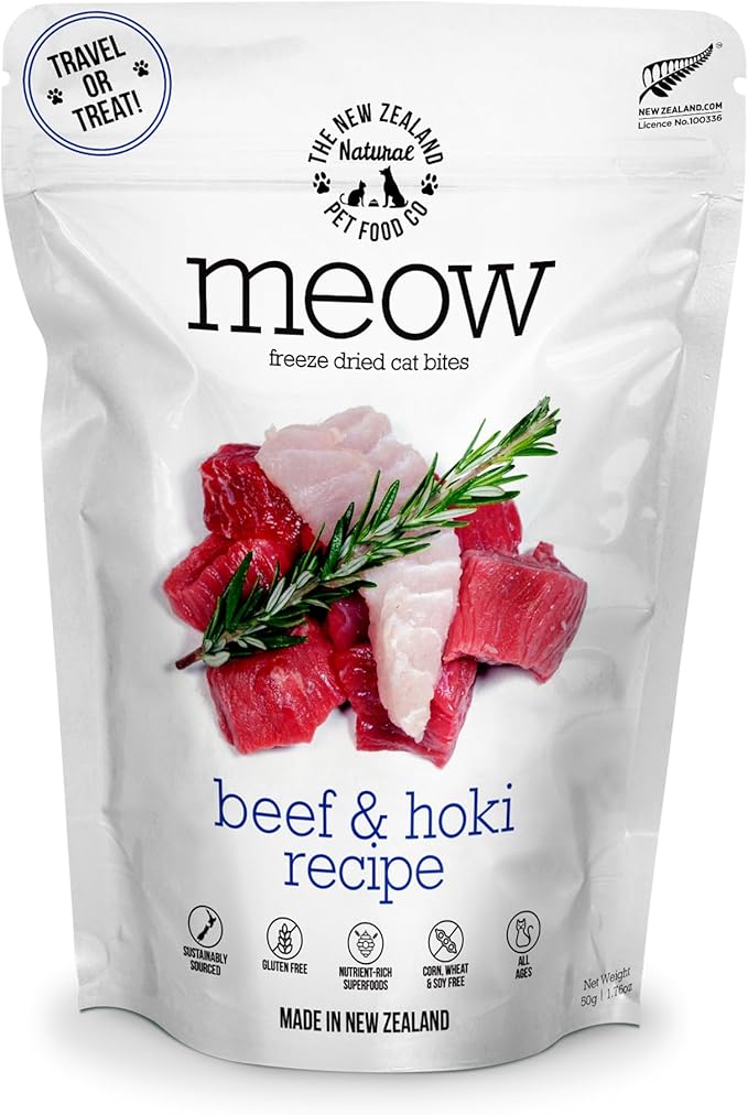 Meow Freeze Dried Cat Food - Beef &amp; Hoki Recipe, High Protein Cat Treats, Meals &amp; Toppers, Dry Cat Food,1.76 oz