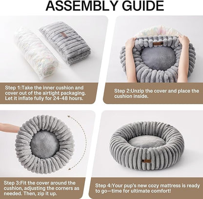 MEWOOFUN Cat Bed, Washable Beds for Indoor Cats, Cute Donut Bed Fluffy Pet Bed with Non-Slip Bottom, Calming Round Bed for Puppy and Kitten (Grey)