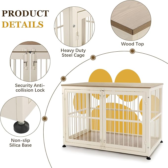 32 Inch Heavy Duty Dog Crate Furniture for Medium and Small Dogs, Decorative Pet House End Table, Wooden Cage Kennel Furniture Indoor with Double Doors, Sturdy Dog Cage for Anxiety Dog