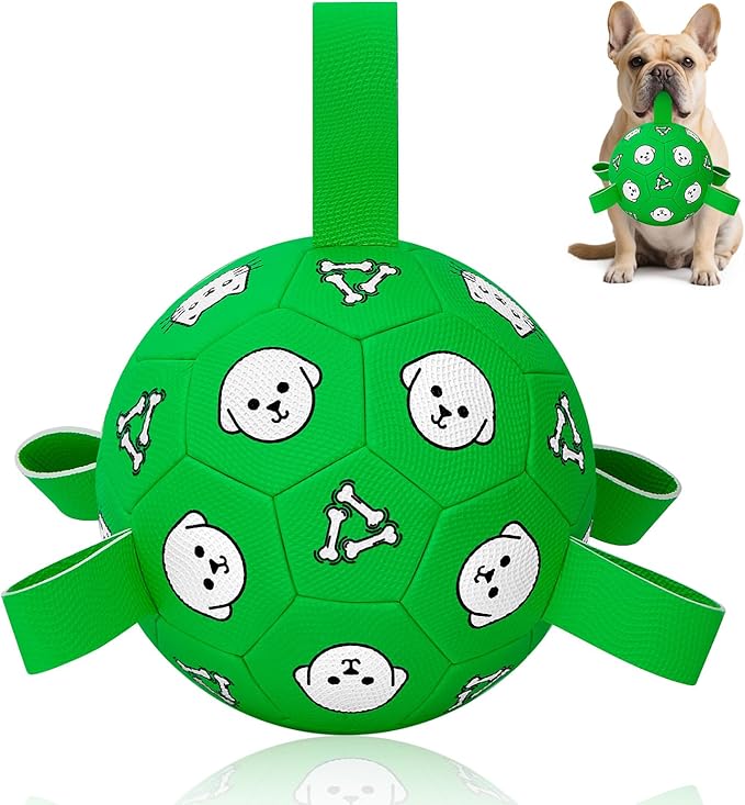 Dog Toys Ball, Durable Dog Soccer Ball with Straps, Interactive Dog Toys for Tug of War, Water Pool Puppy Toys for Indoor/Outdoor – Fun Dog Birthday Gift for Small &amp; Medium Dogs, 6 Inch