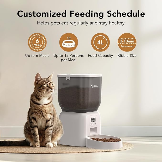 Automatic Dog &amp; Cat Feeder, with Freshness Preservation, 4L Timed Cat Feeder with LCD Screen.Up to 6 Meals Per Day and 1-15 Portion for Cats &amp; Dog (White)